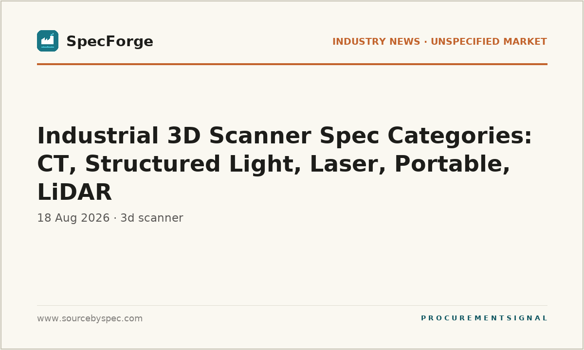 Industrial 3D Scanner Spec Categories: CT, Structured Light, Laser, Portable, LiDAR