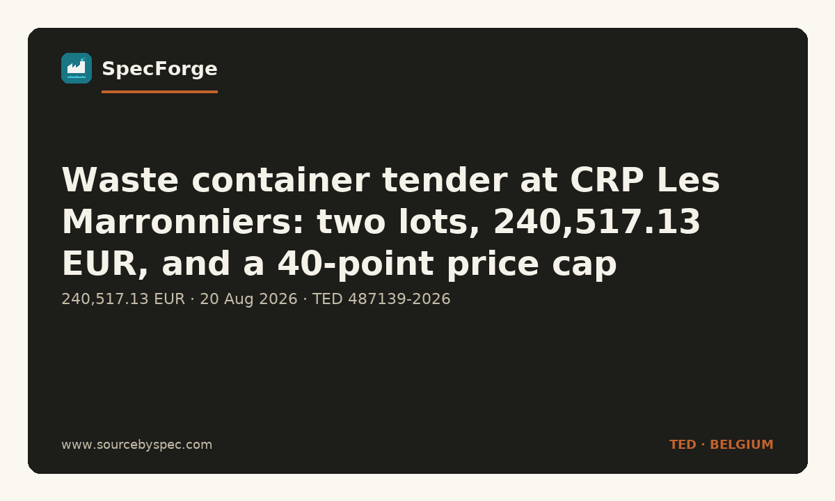 Waste container tender at CRP Les Marronniers: two lots, 240,517.13 EUR, and a 40-point price cap