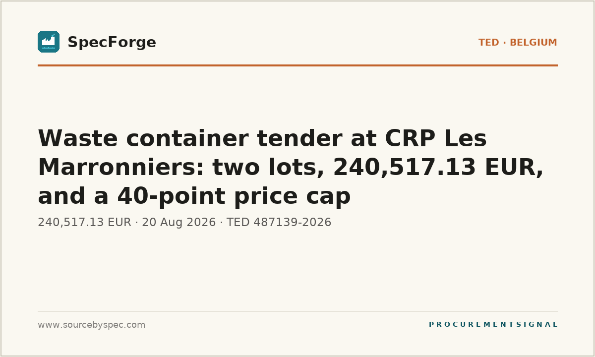 Waste container tender at CRP Les Marronniers: two lots, 240,517.13 EUR, and a 40-point price cap