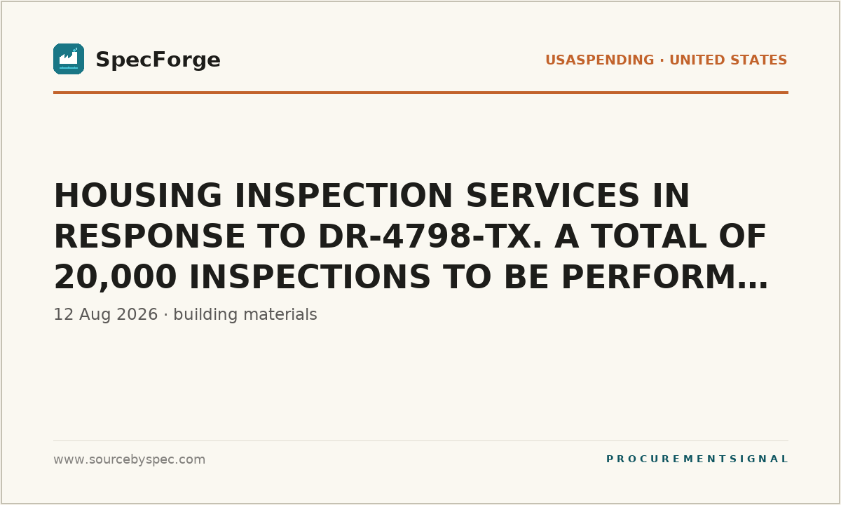 HOUSING INSPECTION SERVICES IN RESPONSE TO DR-4798-TX. A TOTAL OF 20,000 INSPECTIONS TO BE PERFORMED IN RESPONSE TO DAMAGE FROM HURRICANE BERYL.