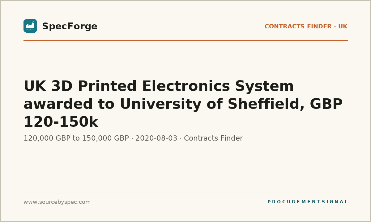 UK 3D Printed Electronics System awarded to University of Sheffield, GBP 120-150k