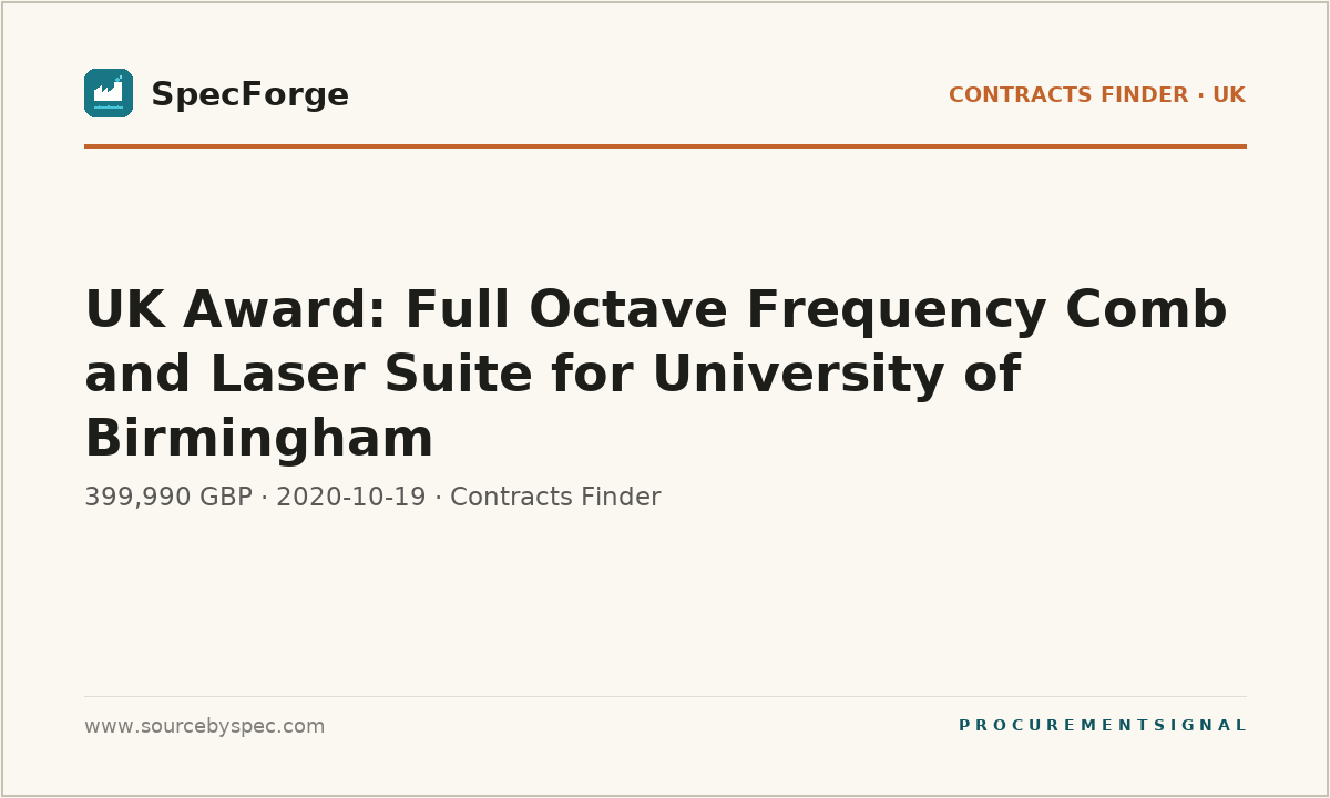 UK Award: Full Octave Frequency Comb and Laser Suite for University of Birmingham