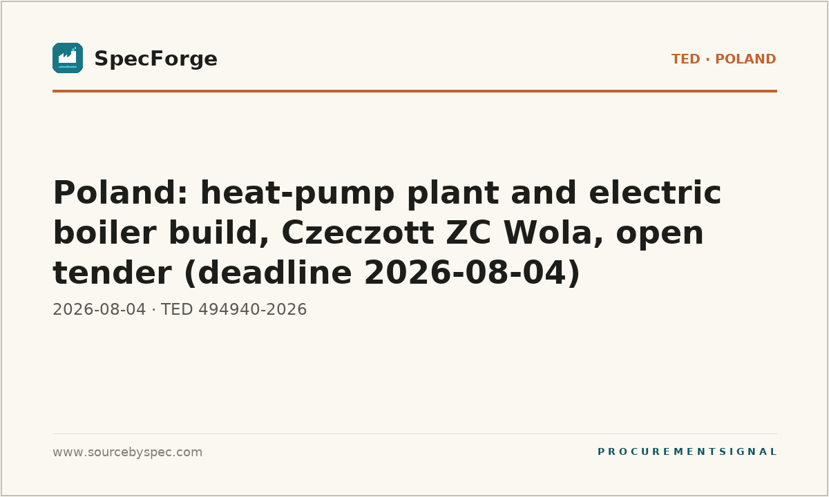 Poland: heat-pump plant and electric boiler build, Czeczott ZC Wola, open tender (deadline 2026-08-04)