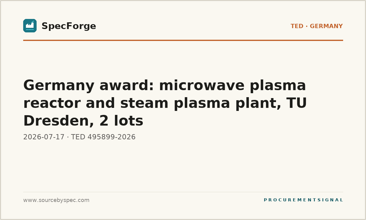 Germany award: microwave plasma reactor and steam plasma plant, TU Dresden, 2 lots