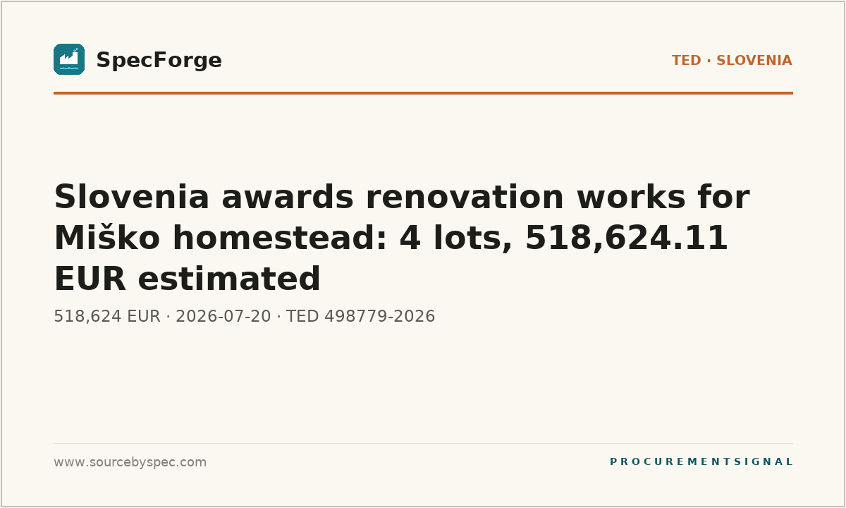 Slovenia awards renovation works for Miško homestead: 4 lots, 518,624.11 EUR estimated