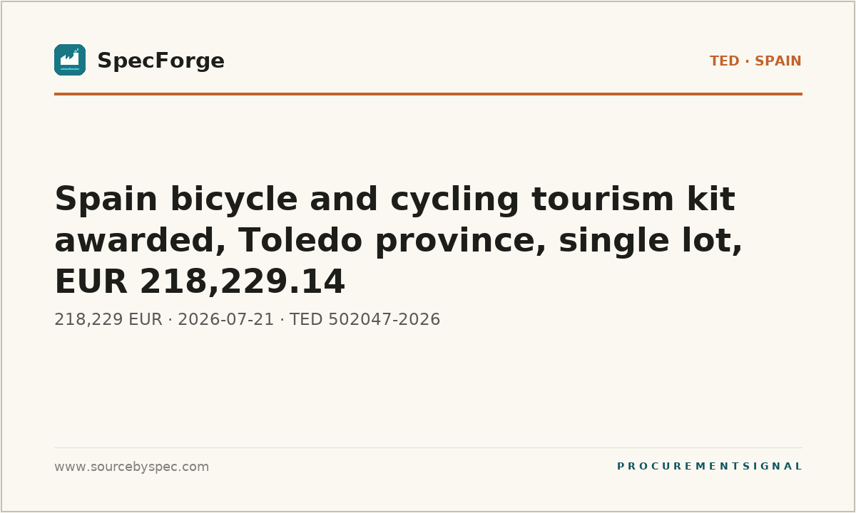 Spain bicycle and cycling tourism kit awarded, Toledo province, single lot, EUR 218,229.14