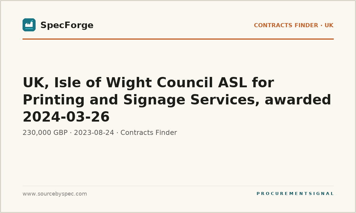 UK, Isle of Wight Council ASL for Printing and Signage Services, awarded 2024-03-26
