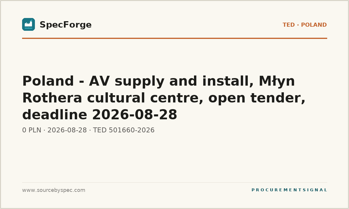 Poland - AV supply and install, Młyn Rothera cultural centre, open tender, deadline 2026-08-28