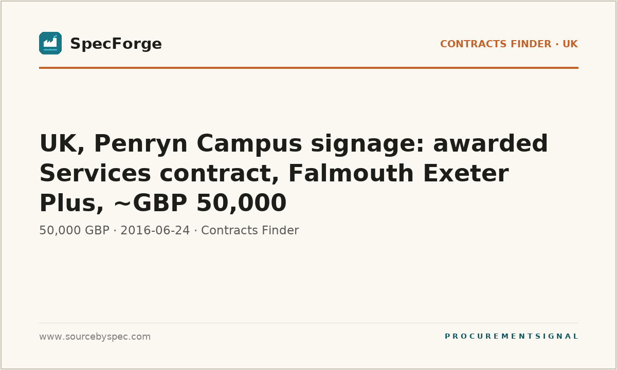 UK, Penryn Campus signage: awarded Services contract, Falmouth Exeter Plus, ~GBP 50,000