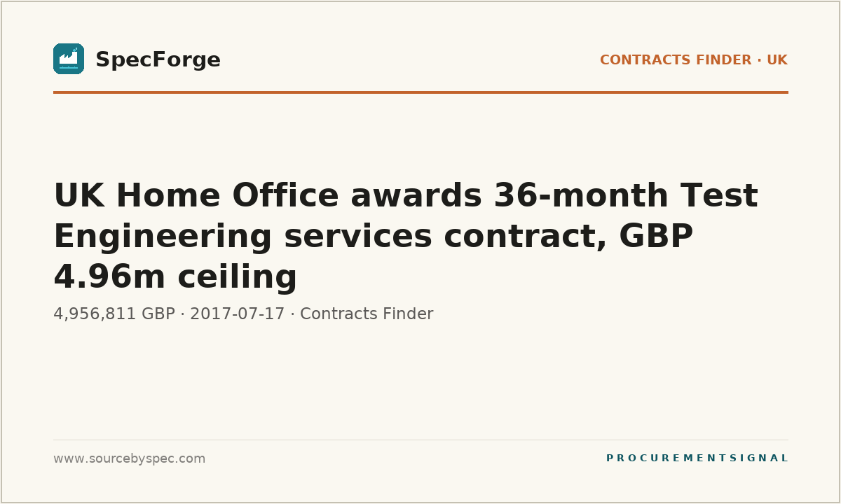 UK Home Office awards 36-month Test Engineering services contract, GBP 4.96m ceiling