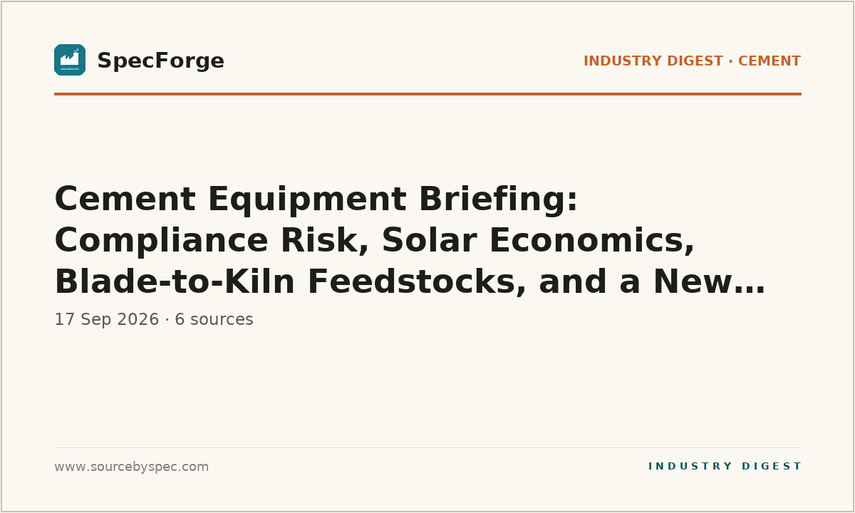 Cement Equipment Briefing: Compliance Risk, Solar Economics, Blade-to-Kiln Feedstocks, and a New Shelf-Life Rule