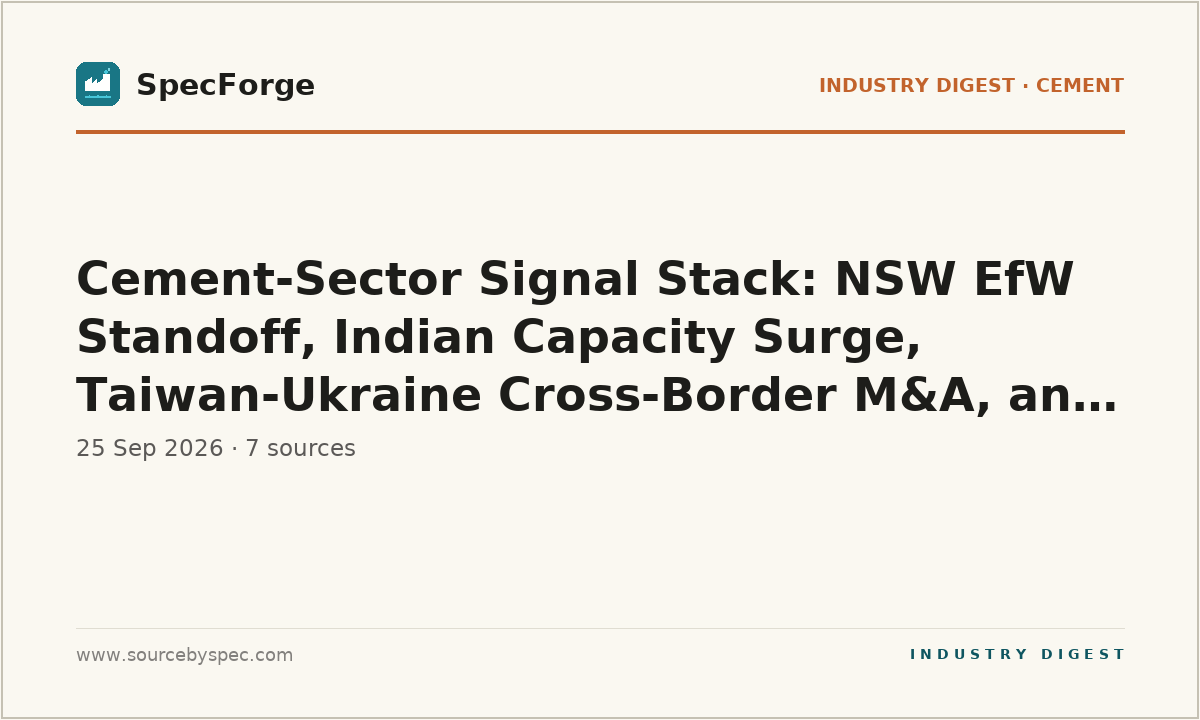 Cement-Sector Signal Stack: NSW EfW Standoff, Indian Capacity Surge, Taiwan-Ukraine Cross-Border M&A, and a TiO₂ Mortar R&D Thread