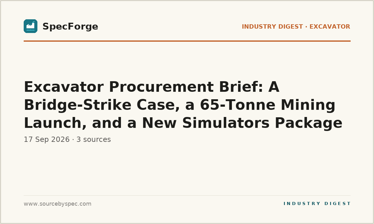 Excavator Procurement Brief: A Bridge-Strike Case, a 65-Tonne Mining Launch, and a New Simulators Package
