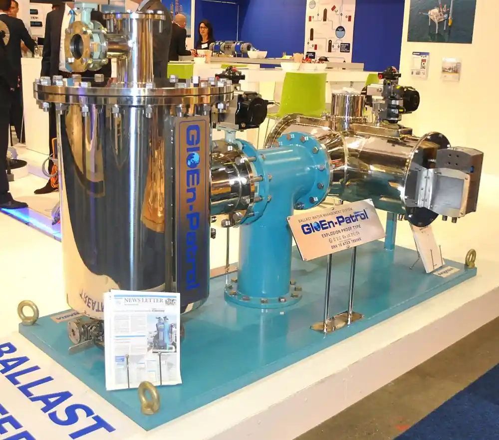 GloEn-Patrol ballast water management system skid with filter housing and UV reactor on display at Europort 2011
