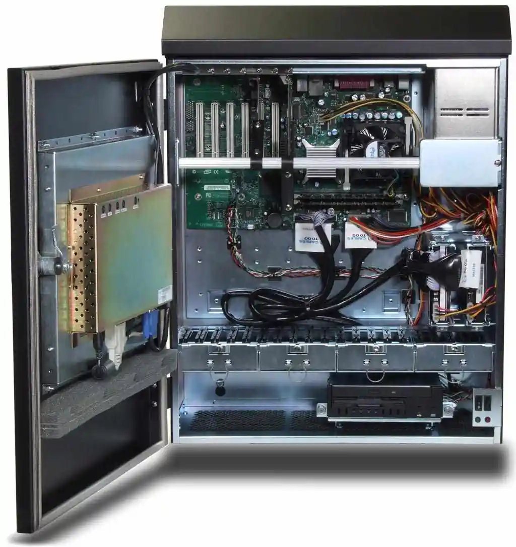 Wall-mounted industrial PC with front door open, showing ATX motherboard, expansion slots, drive bays and door-mounted LCD