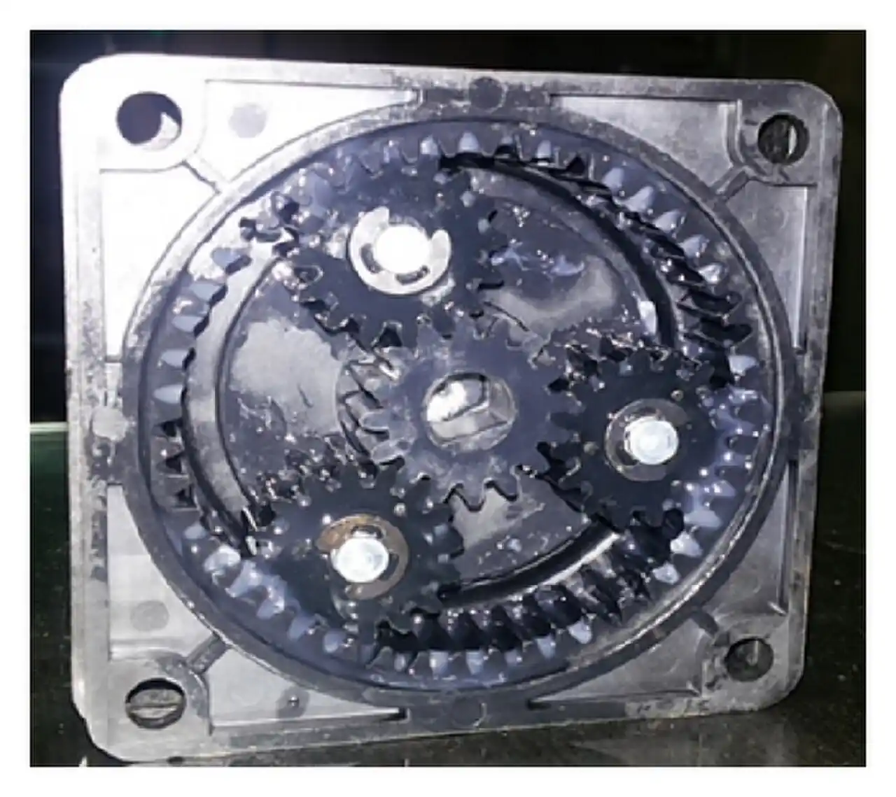 Cover-removed planetary gear set showing the central sun gear, three planet gears orbiting it, and the surrounding internal-tooth ring (annulus) gear of an epicyclic reducer