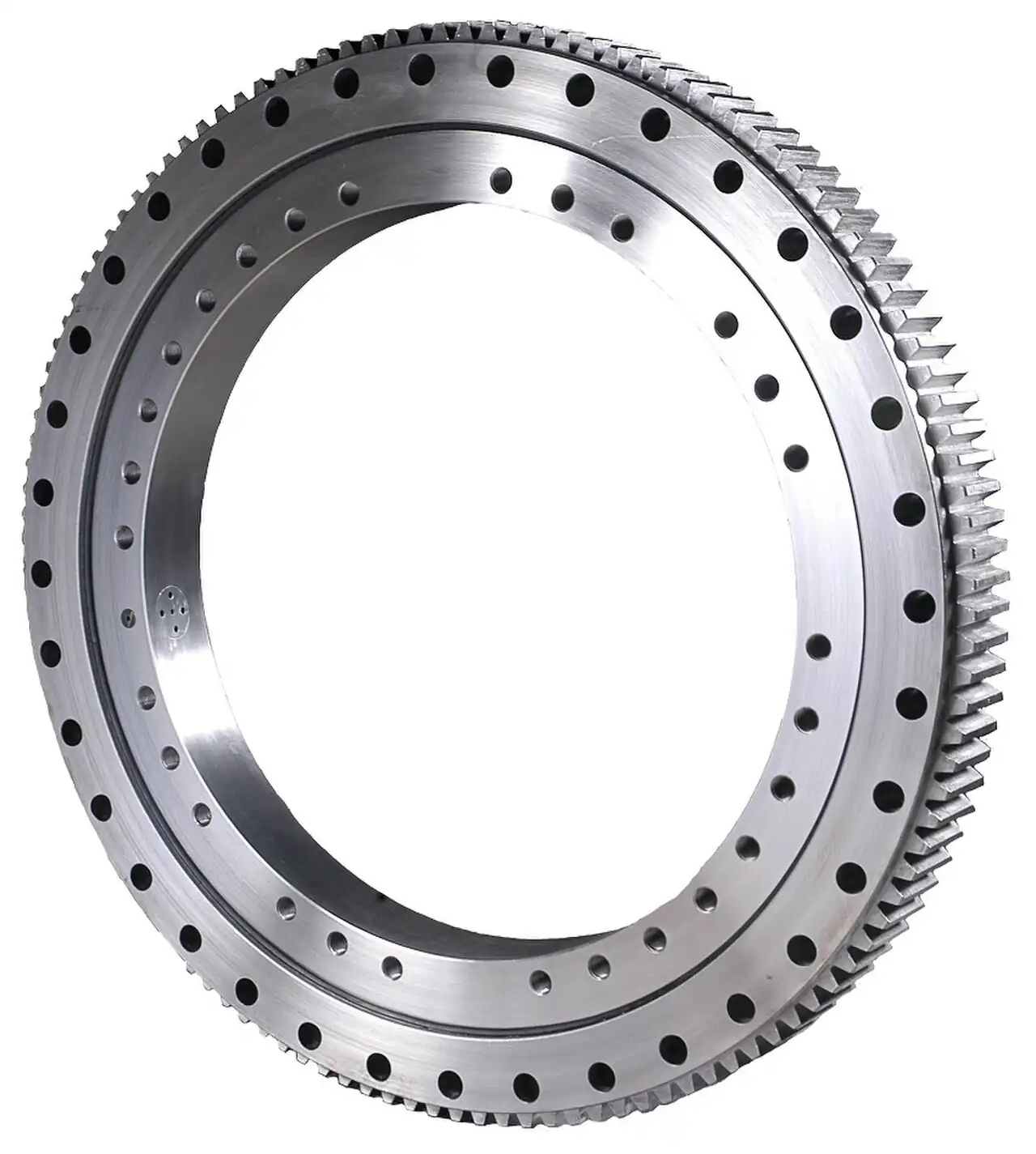 Large-diameter steel slewing ring bearing with a full circle of mounting bolt holes and machined external gear teeth around the outer ring