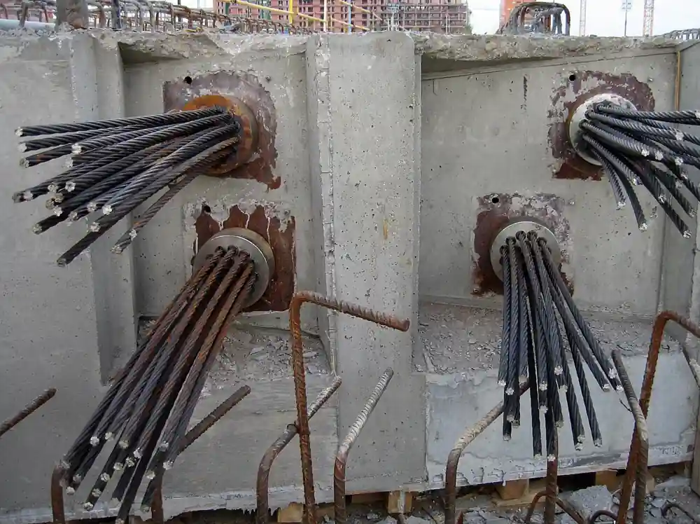 Bundles of bare seven-wire prestressing steel strand emerging from the post-tensioning anchorages of a concrete bridge deck, showing the helically twisted multi-wire cables