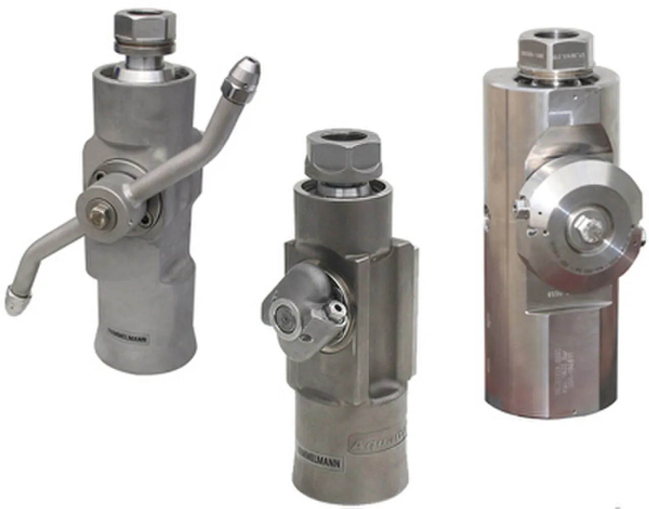 Three stainless steel rotary tank cleaning heads (Hammelmann Aquamat), the gear-driven rotary jet head devices inserted into tanks to clean interior surfaces