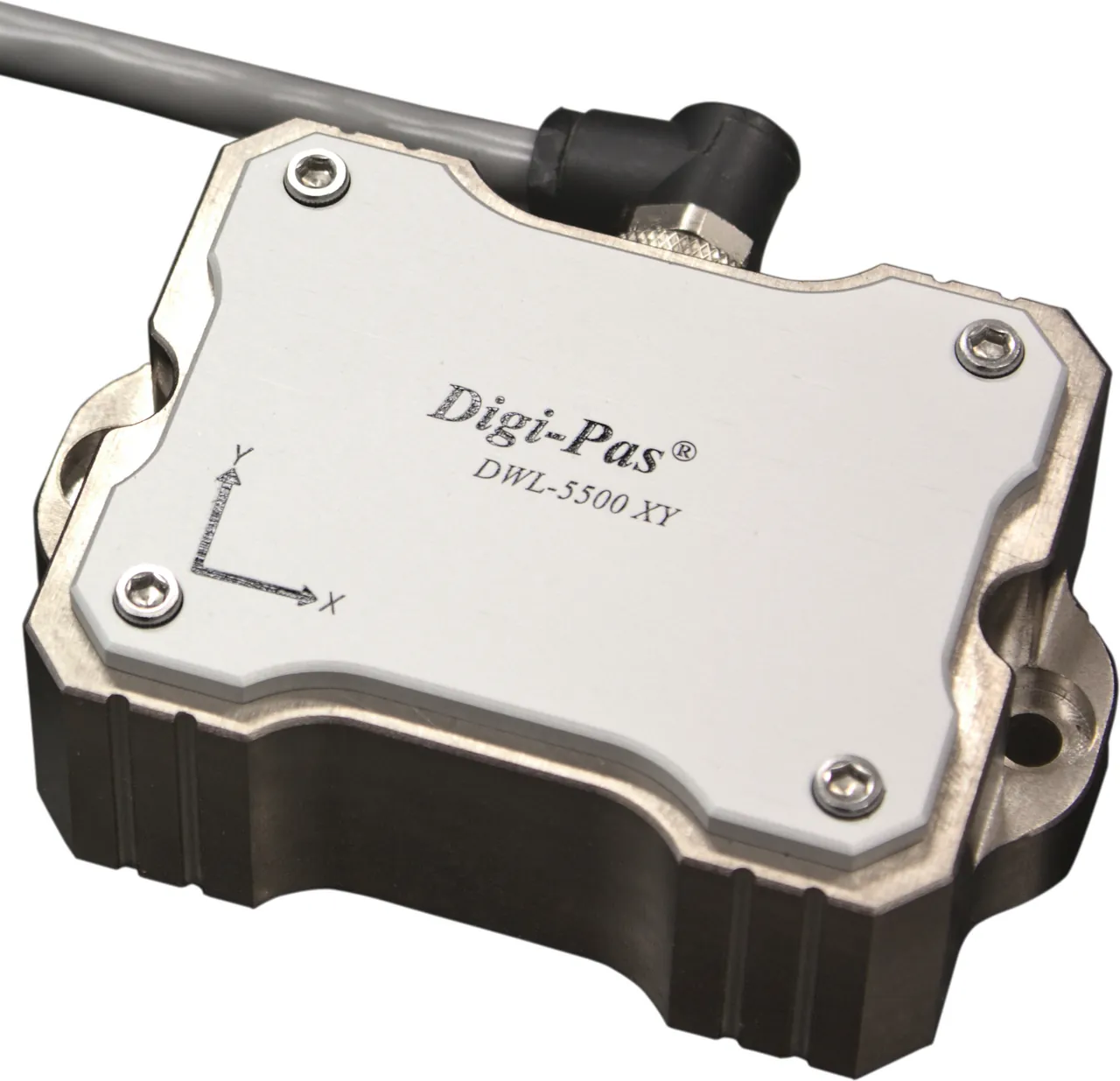 Digi-Pas DWL-5500 dual-axis MEMS tilt sensor module, a metal-housed industrial inclinometer with engraved X and Y axis markings and an attached cable